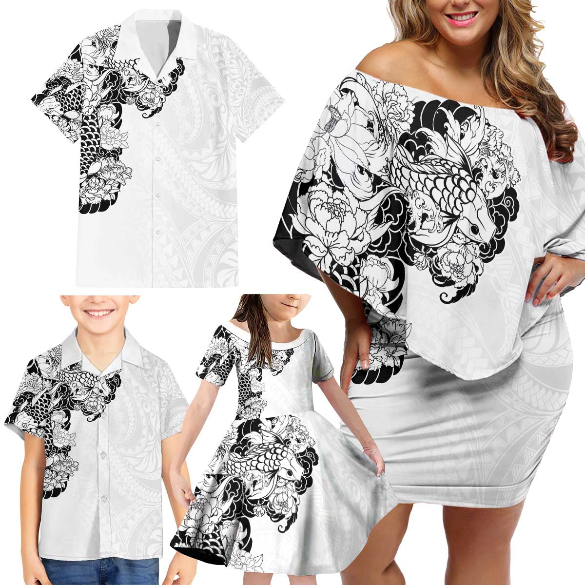 Hawaiian and Japanese Together Family Matching Off Shoulder Short Dress and Hawaiian Shirt Japanese Koi Fish Tattoo and Kakau Pattern White Color