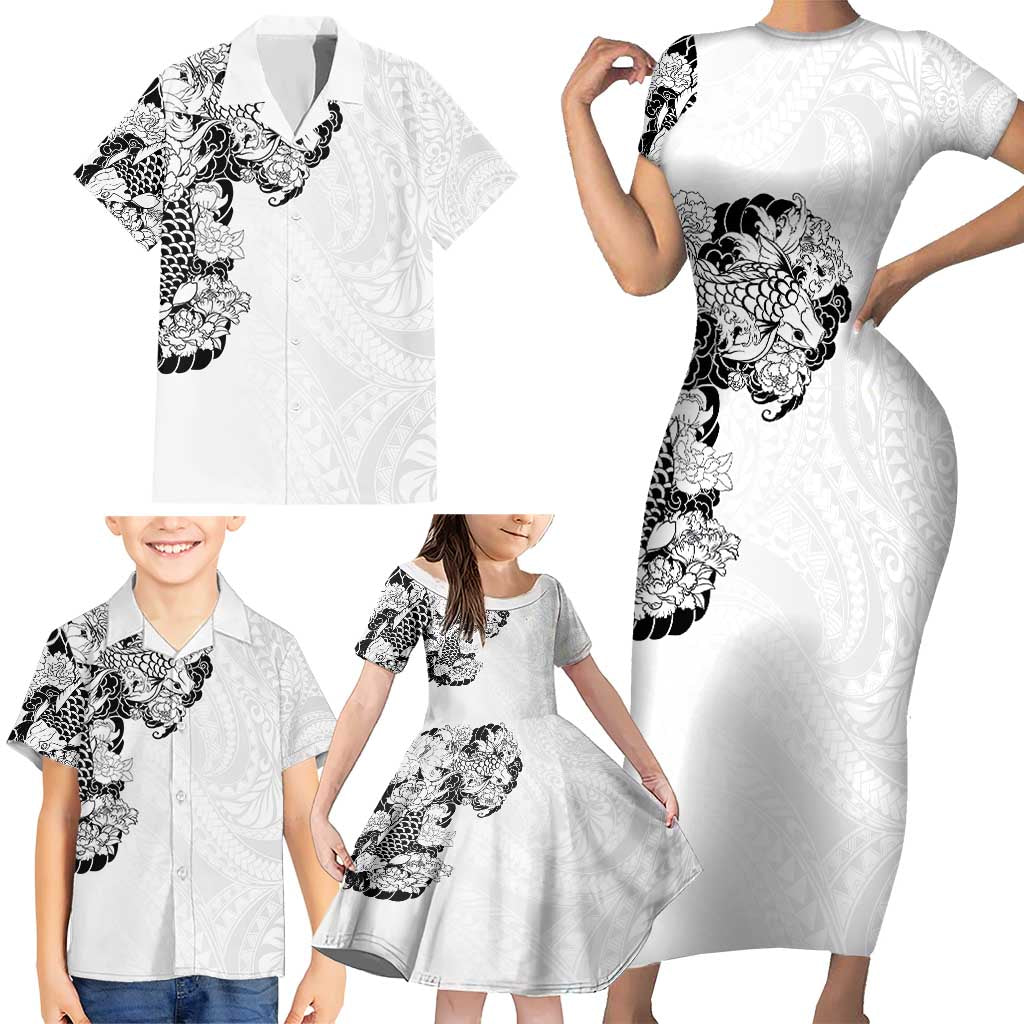 Hawaiian and Japanese Together Family Matching Short Sleeve Bodycon Dress and Hawaiian Shirt Japanese Koi Fish Tattoo and Kakau Pattern White Color