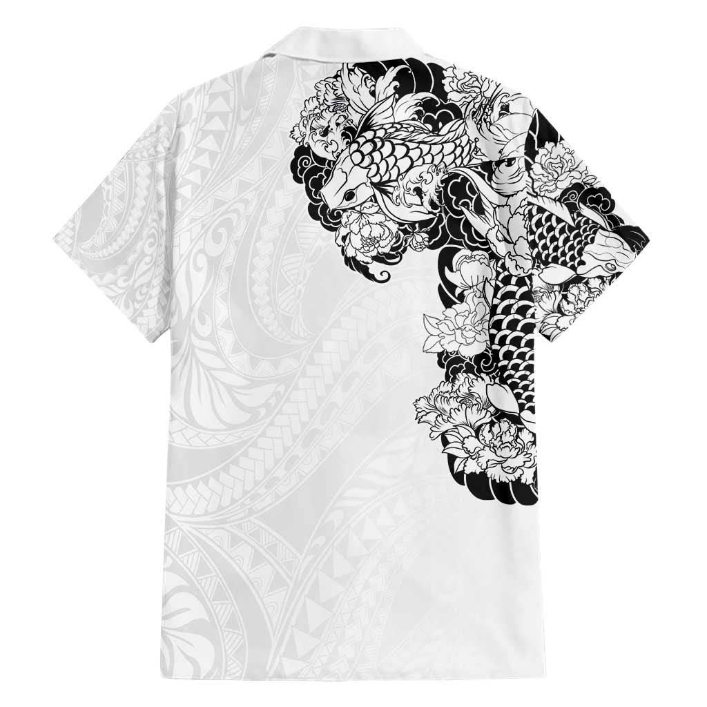 Hawaiian and Japanese Together Family Matching Short Sleeve Bodycon Dress and Hawaiian Shirt Japanese Koi Fish Tattoo and Kakau Pattern White Color