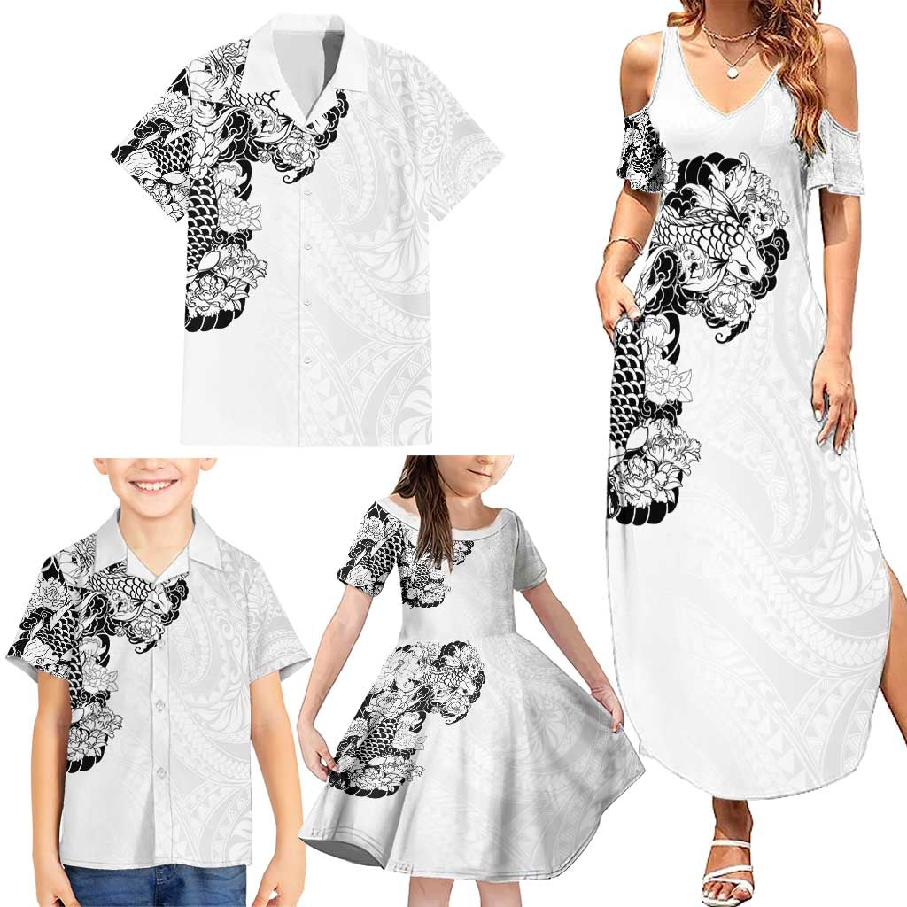 Hawaiian and Japanese Together Family Matching Summer Maxi Dress and Hawaiian Shirt Japanese Koi Fish Tattoo and Kakau Pattern White Color