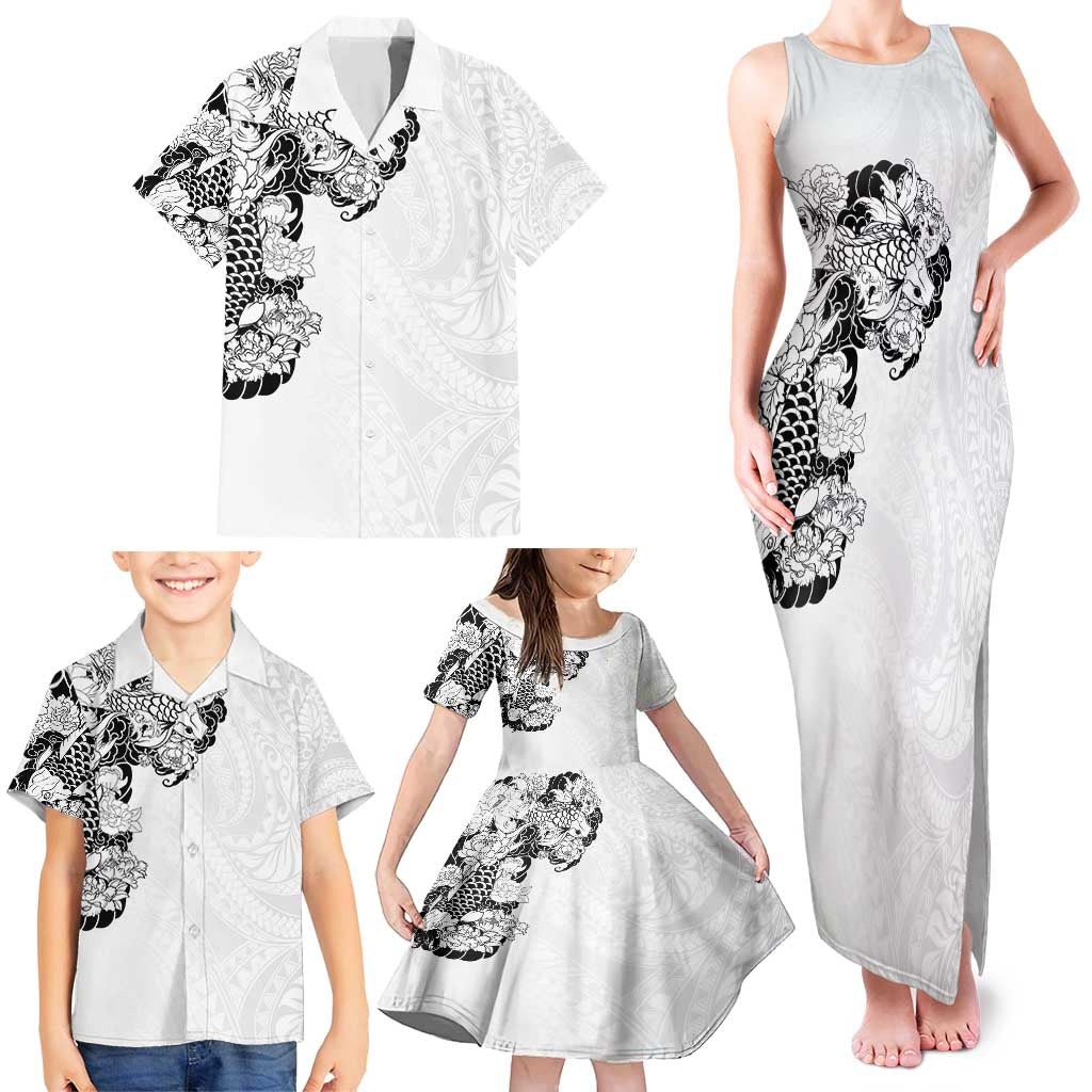 Hawaiian and Japanese Together Family Matching Tank Maxi Dress and Hawaiian Shirt Japanese Koi Fish Tattoo and Kakau Pattern White Color LT03 - Polynesian Pride