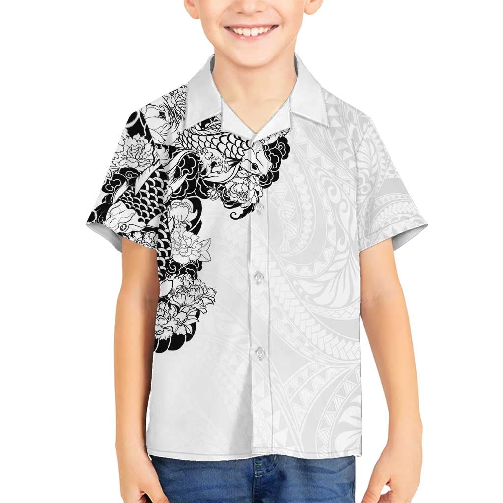 Hawaiian and Japanese Together Family Matching Tank Maxi Dress and Hawaiian Shirt Japanese Koi Fish Tattoo and Kakau Pattern White Color