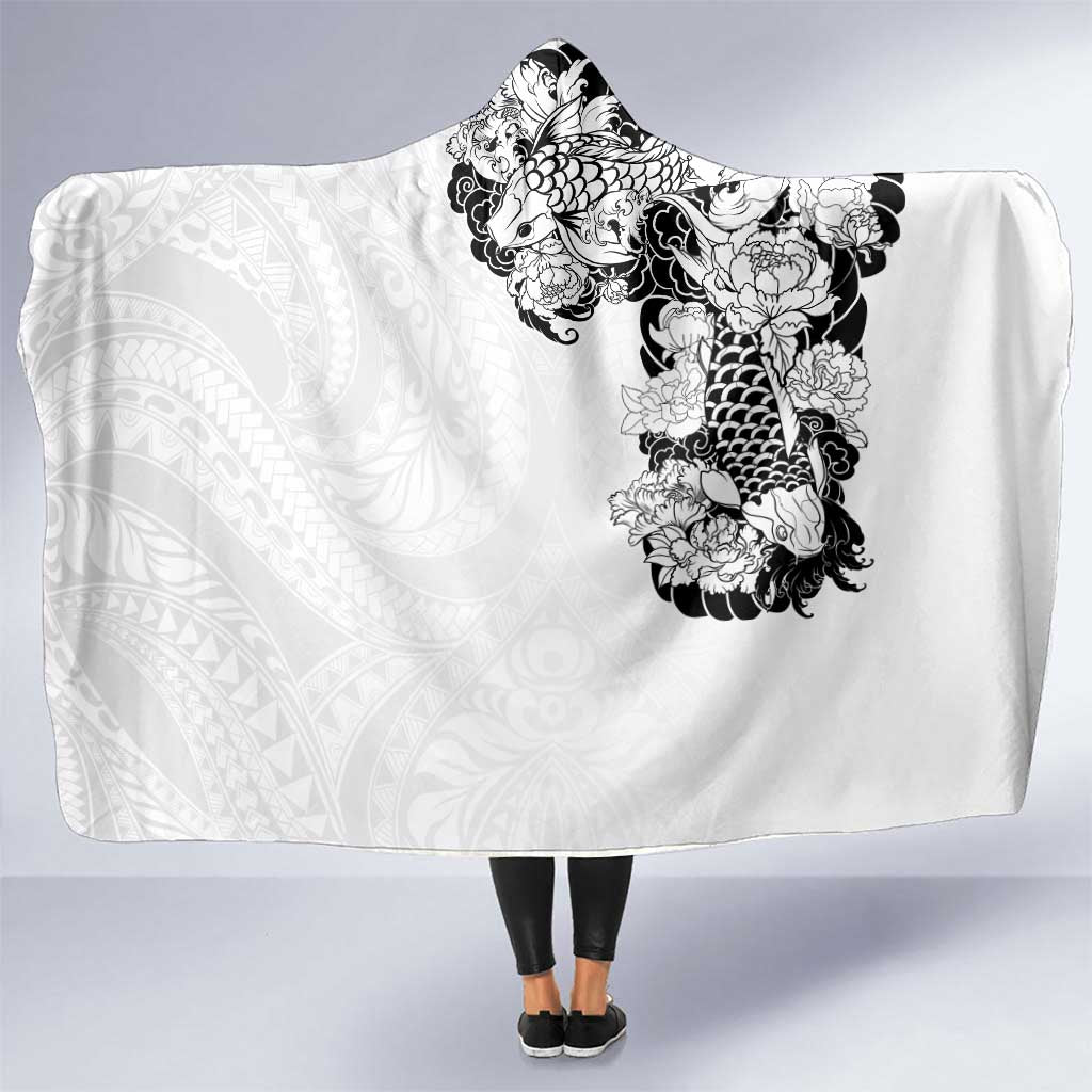 Hawaiian and Japanese Together Hooded Blanket Japanese Koi Fish Tattoo and Kakau Pattern White Color LT03 One Size White - Polynesian Pride