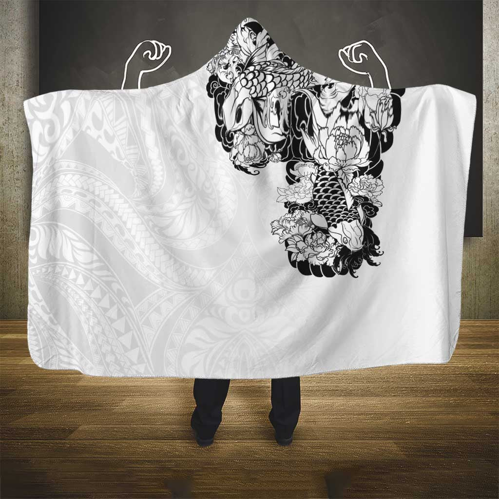 Hawaiian and Japanese Together Hooded Blanket Japanese Koi Fish Tattoo and Kakau Pattern White Color LT03 - Polynesian Pride