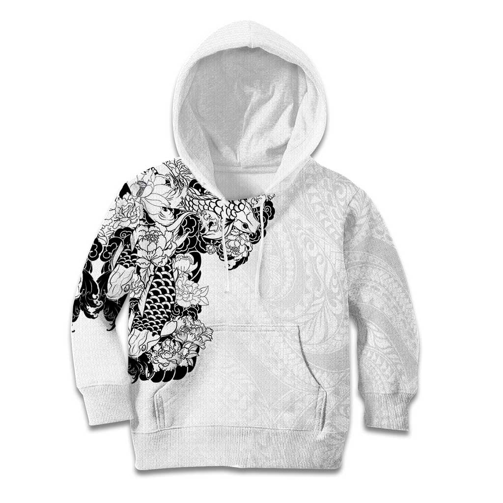 Hawaiian and Japanese Together Kid Hoodie Japanese Koi Fish Tattoo and Kakau Pattern White Color