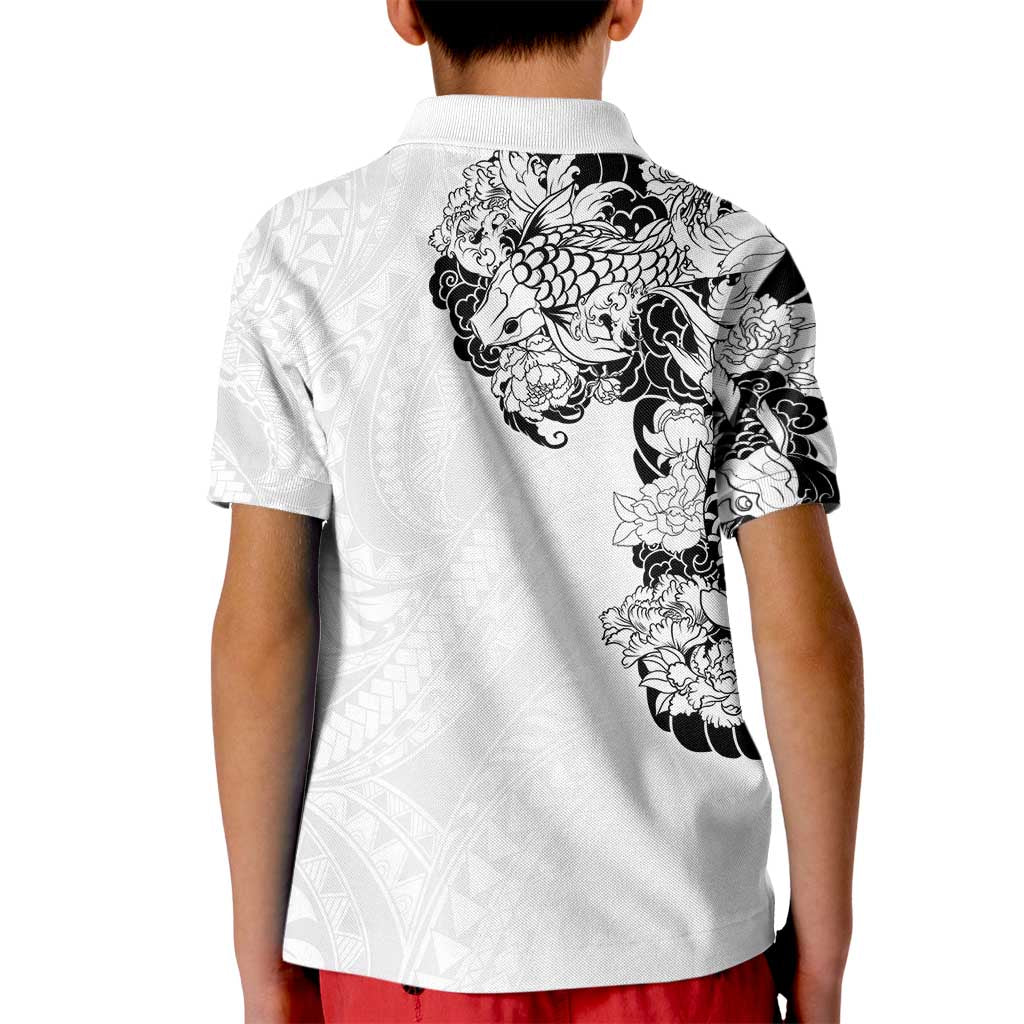 Hawaiian and Japanese Together Kid Polo Shirt Japanese Koi Fish Tattoo and Kakau Pattern White Color