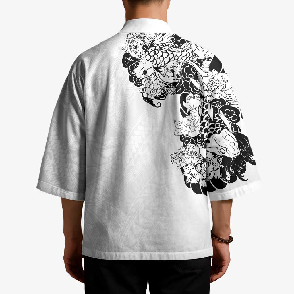 Hawaiian and Japanese Together Kimono Japanese Koi Fish Tattoo and Kakau Pattern White Color - Polynesian Pride