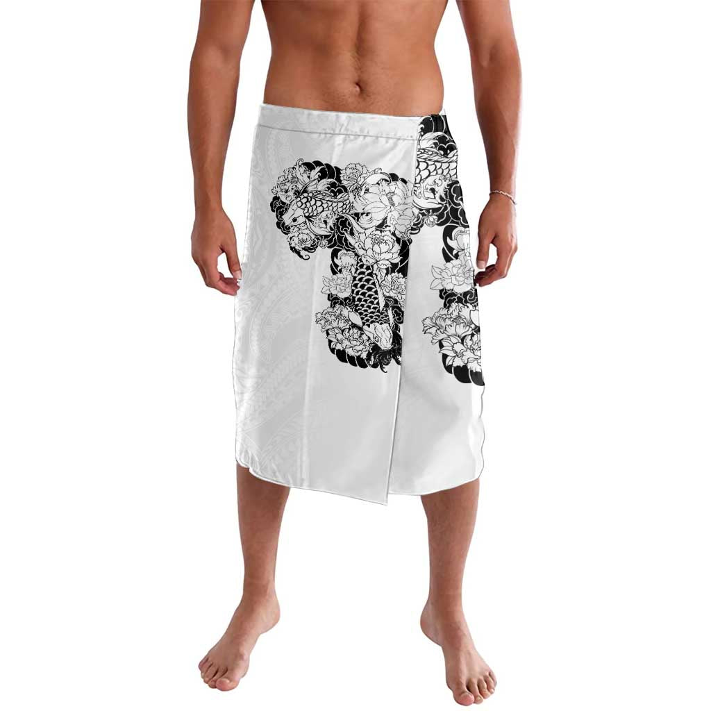 Hawaiian and Japanese Together Lavalava Japanese Koi Fish Tattoo and Kakau Pattern White Color LT03 White - Polynesian Pride