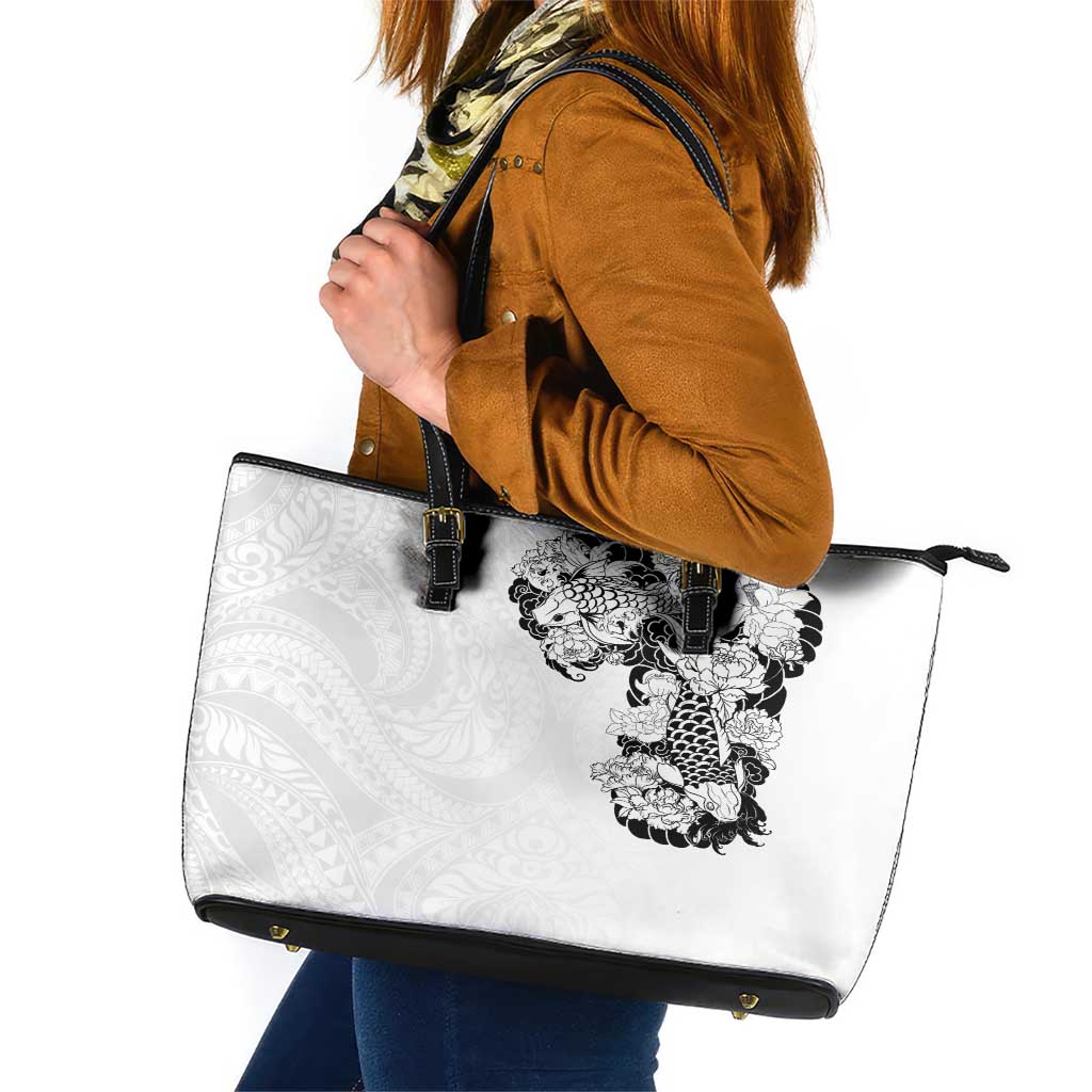 Hawaiian and Japanese Together Leather Tote Bag Japanese Koi Fish Tattoo and Kakau Pattern White Color LT03 White - Polynesian Pride