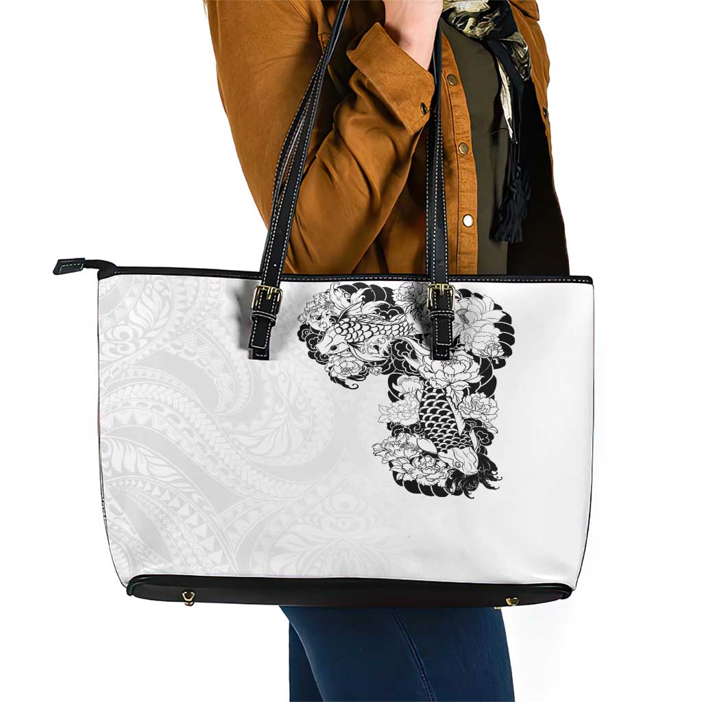 Hawaiian and Japanese Together Leather Tote Bag Japanese Koi Fish Tattoo and Kakau Pattern White Color