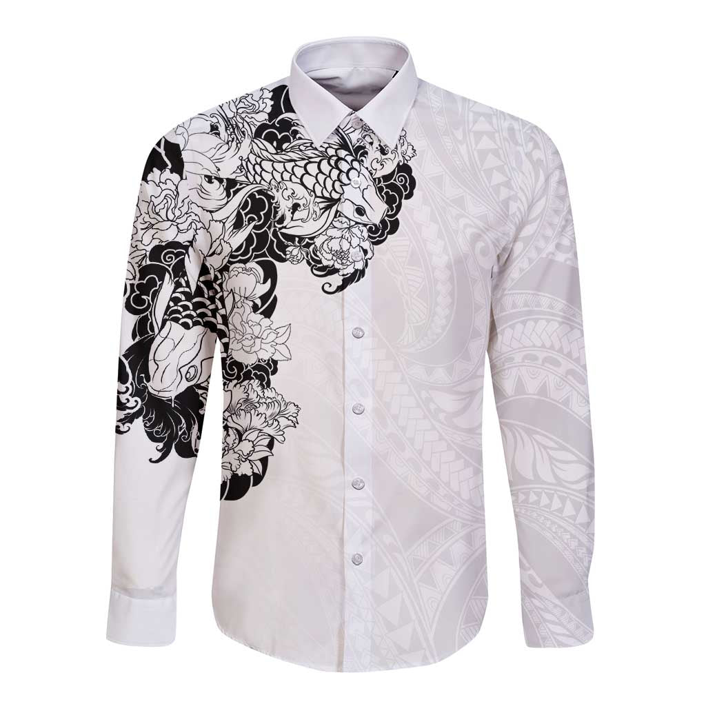 Hawaiian and Japanese Together Long Sleeve Button Shirt Japanese Koi Fish Tattoo and Kakau Pattern White Color