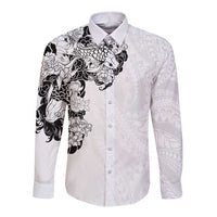 Hawaiian and Japanese Together Long Sleeve Button Shirt Japanese Koi Fish Tattoo and Kakau Pattern White Color