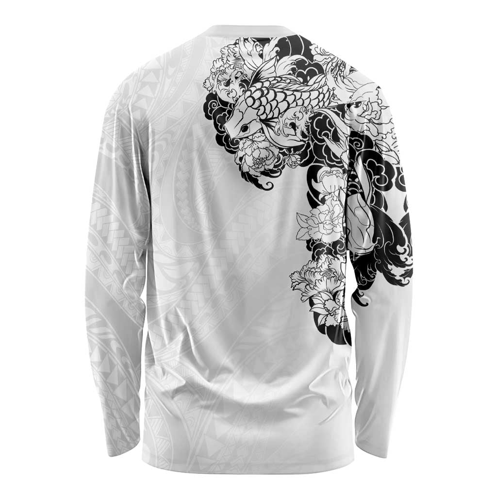 Hawaiian and Japanese Together Long Sleeve Shirt Japanese Koi Fish Tattoo and Kakau Pattern White Color