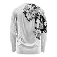 Hawaiian and Japanese Together Long Sleeve Shirt Japanese Koi Fish Tattoo and Kakau Pattern White Color