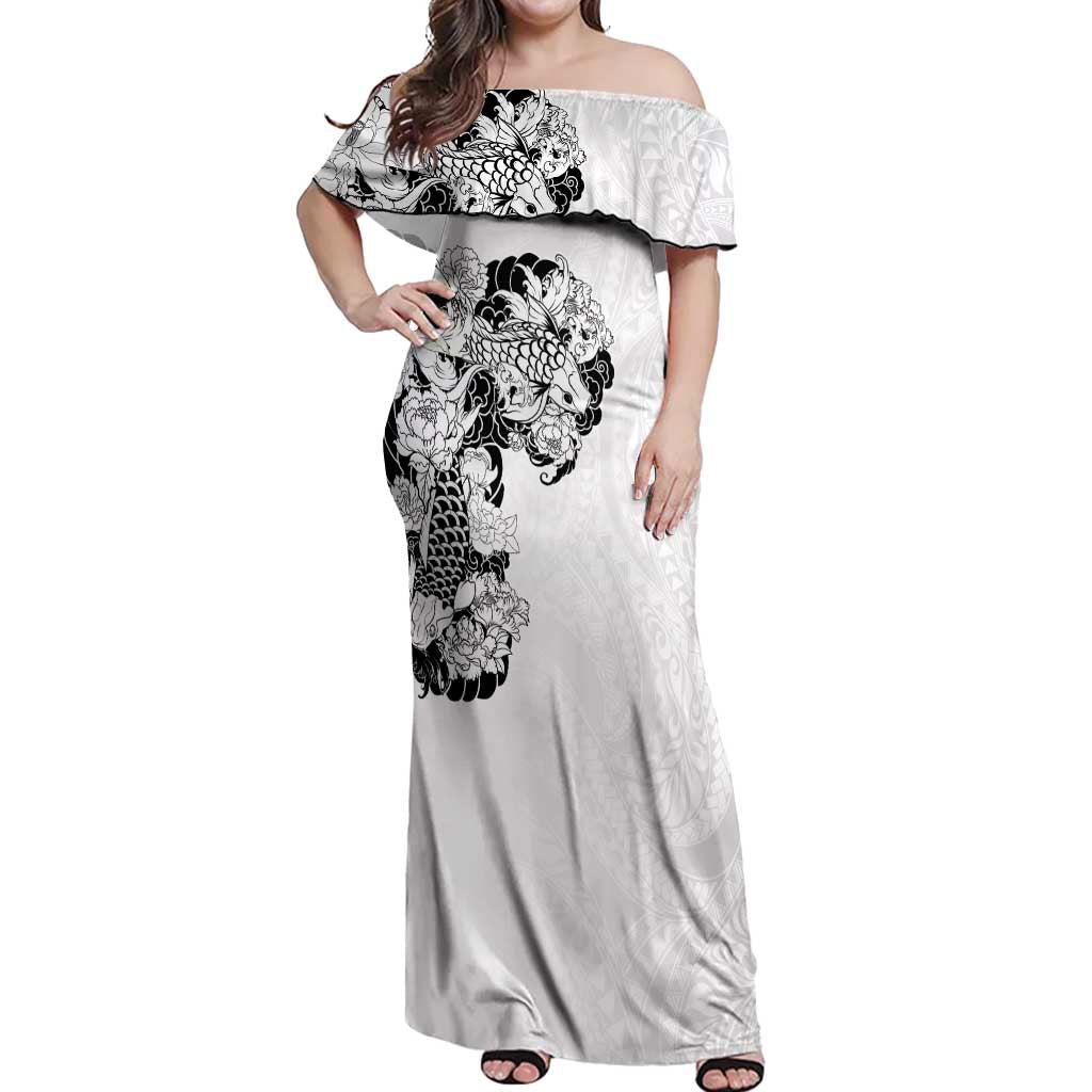 Hawaiian and Japanese Together Off Shoulder Maxi Dress Japanese Koi Fish Tattoo and Kakau Pattern White Color LT03 Women White - Polynesian Pride