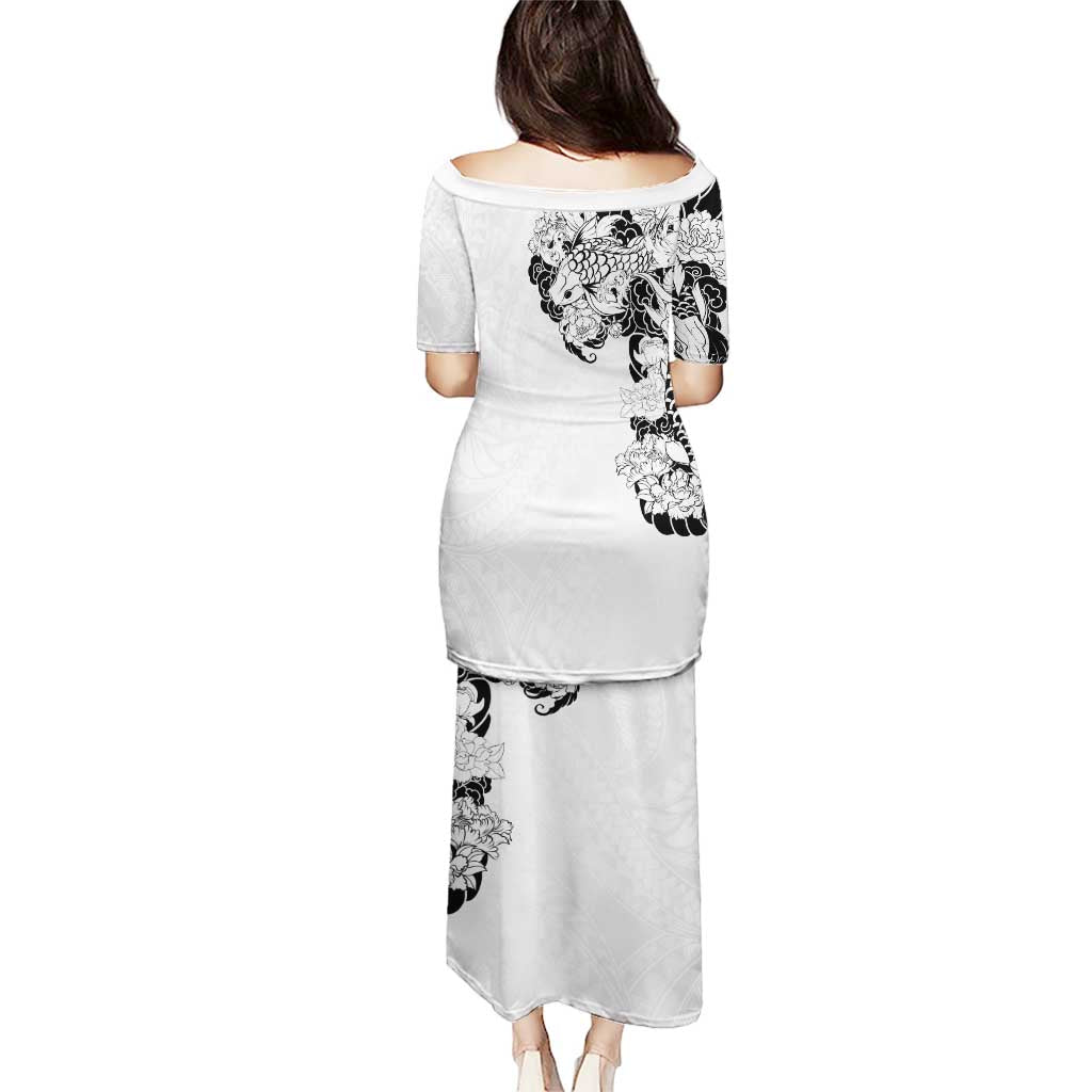 Hawaiian and Japanese Together Puletasi Japanese Koi Fish Tattoo and Kakau Pattern White Color LT03 - Polynesian Pride