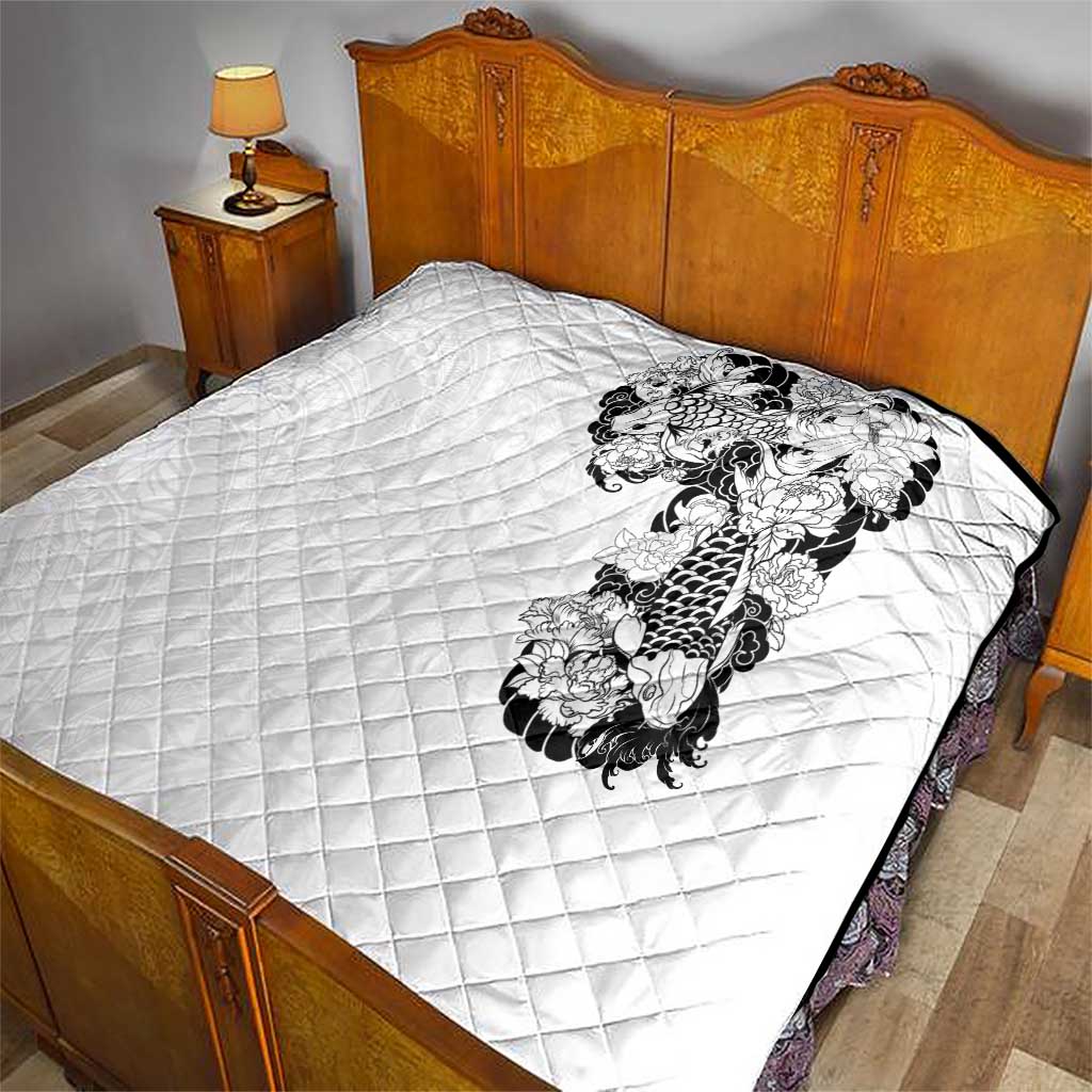 Hawaiian and Japanese Together Quilt Japanese Koi Fish Tattoo and Kakau Pattern White Color