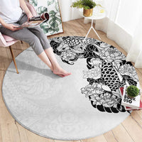 Hawaiian and Japanese Together Round Carpet Japanese Koi Fish Tattoo and Kakau Pattern White Color