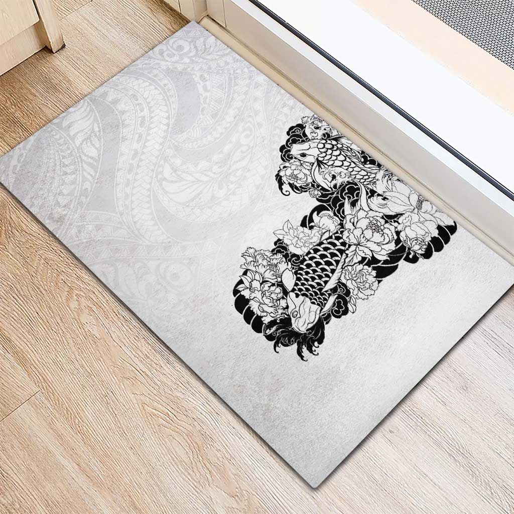 Hawaiian and Japanese Together Rubber Doormat Japanese Koi Fish Tattoo and Kakau Pattern White Color LT03 - Polynesian Pride