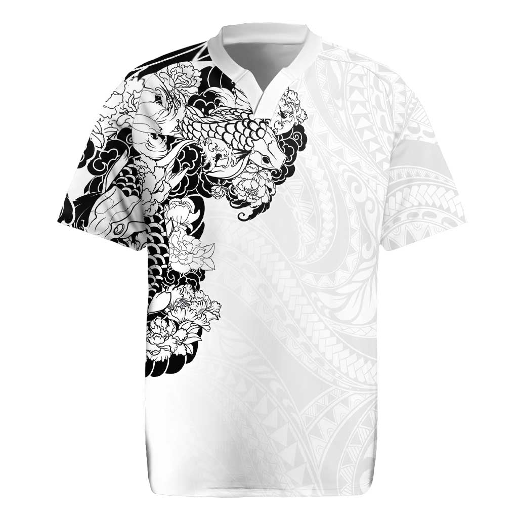Hawaiian and Japanese Together Rugby Jersey Japanese Koi Fish Tattoo and Kakau Pattern White Color LT03 White - Polynesian Pride