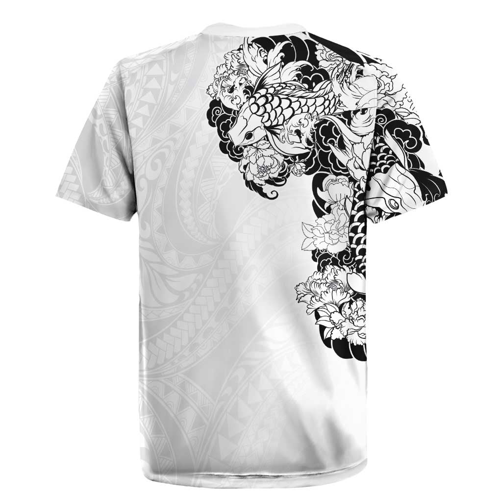 Hawaiian and Japanese Together Rugby Jersey Japanese Koi Fish Tattoo and Kakau Pattern White Color LT03 - Polynesian Pride