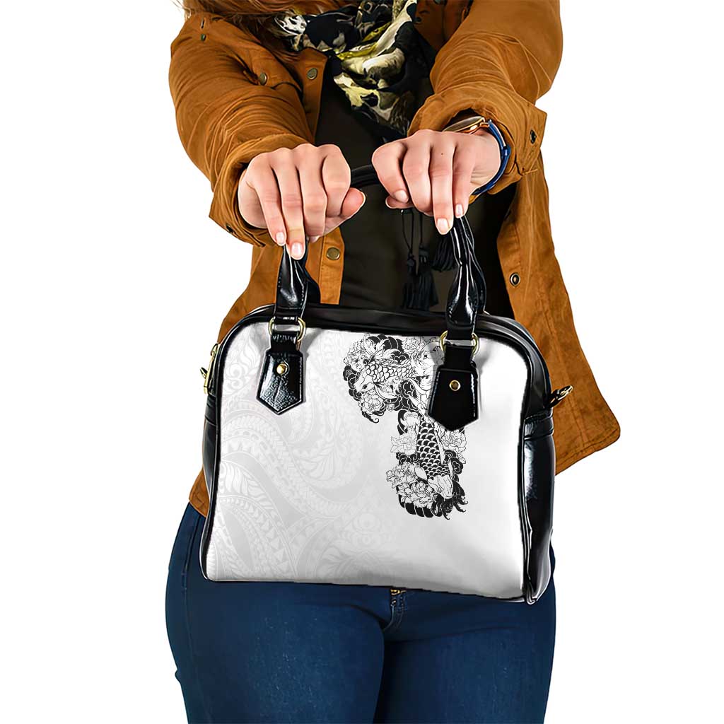 Hawaiian and Japanese Together Shoulder Handbag Japanese Koi Fish Tattoo and Kakau Pattern White Color