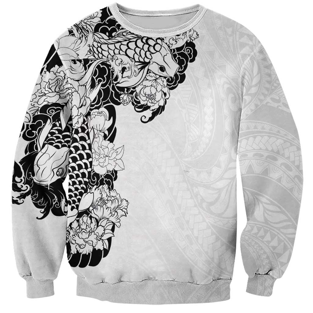 Hawaiian and Japanese Together Sweatshirt Japanese Koi Fish Tattoo and Kakau Pattern White Color LT03 Unisex White - Polynesian Pride