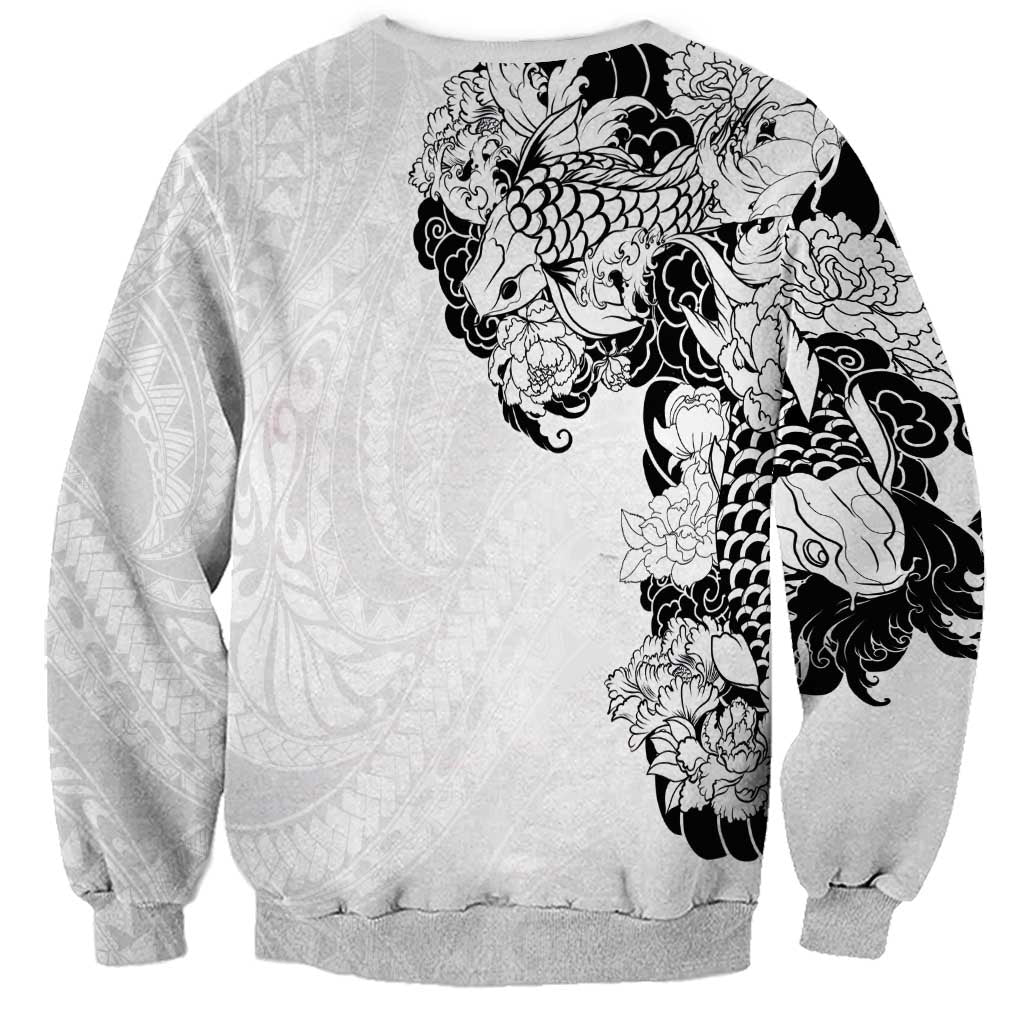 Hawaiian and Japanese Together Sweatshirt Japanese Koi Fish Tattoo and Kakau Pattern White Color LT03 - Polynesian Pride