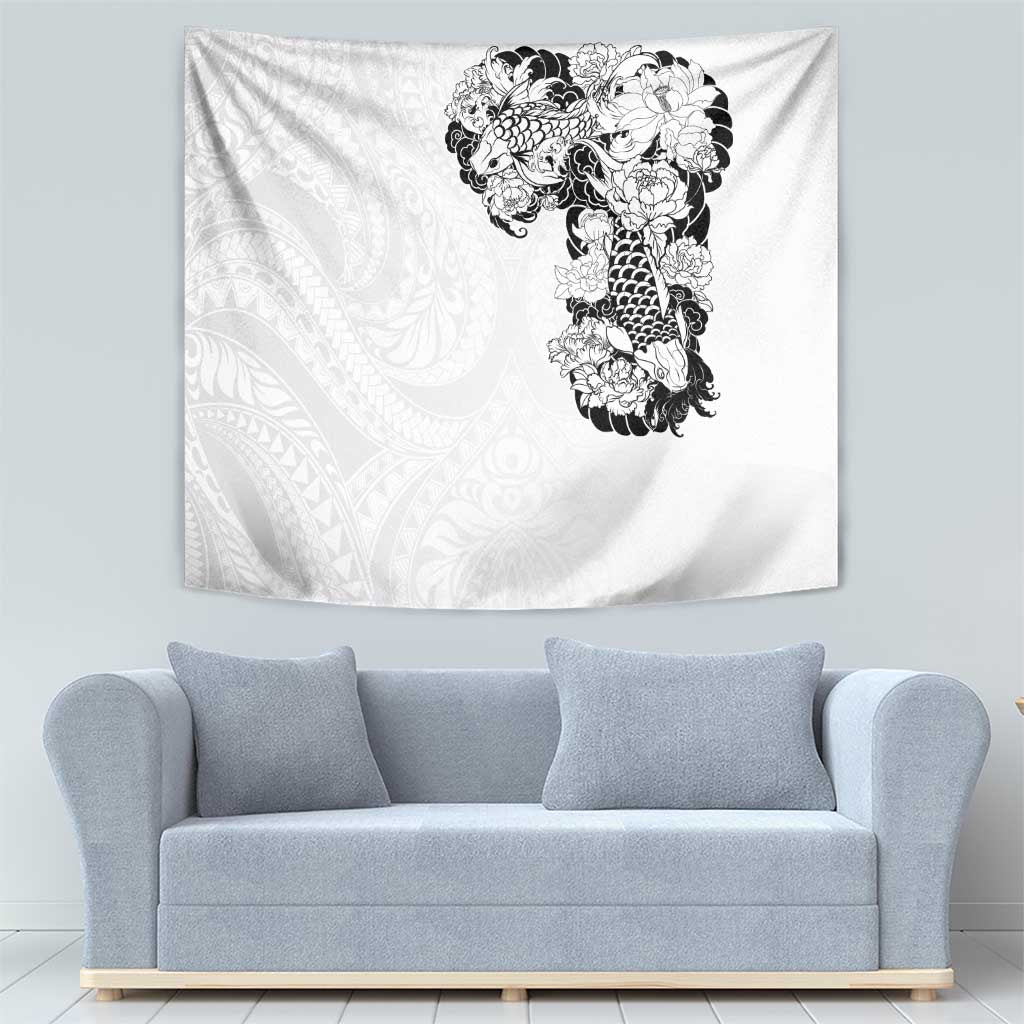 Hawaiian and Japanese Together Tapestry Japanese Koi Fish Tattoo and Kakau Pattern White Color