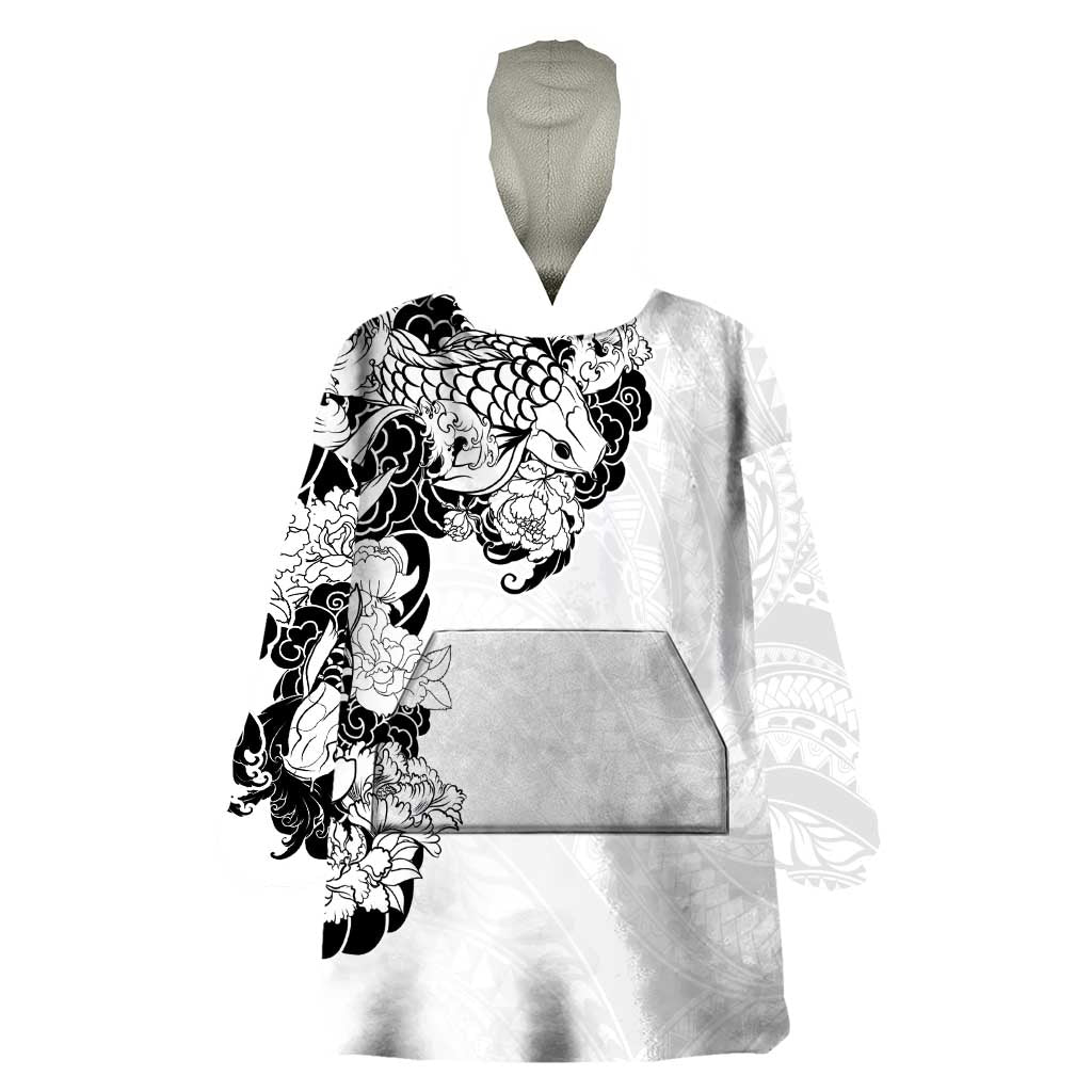Hawaiian and Japanese Together Wearable Blanket Hoodie Japanese Koi Fish Tattoo and Kakau Pattern White Color LT03 One Size White - Polynesian Pride
