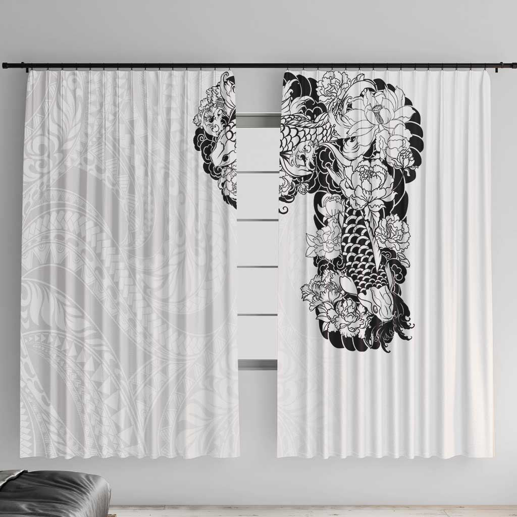 Hawaiian and Japanese Together Window Curtain Japanese Koi Fish Tattoo and Kakau Pattern White Color LT03 With Hooks White - Polynesian Pride