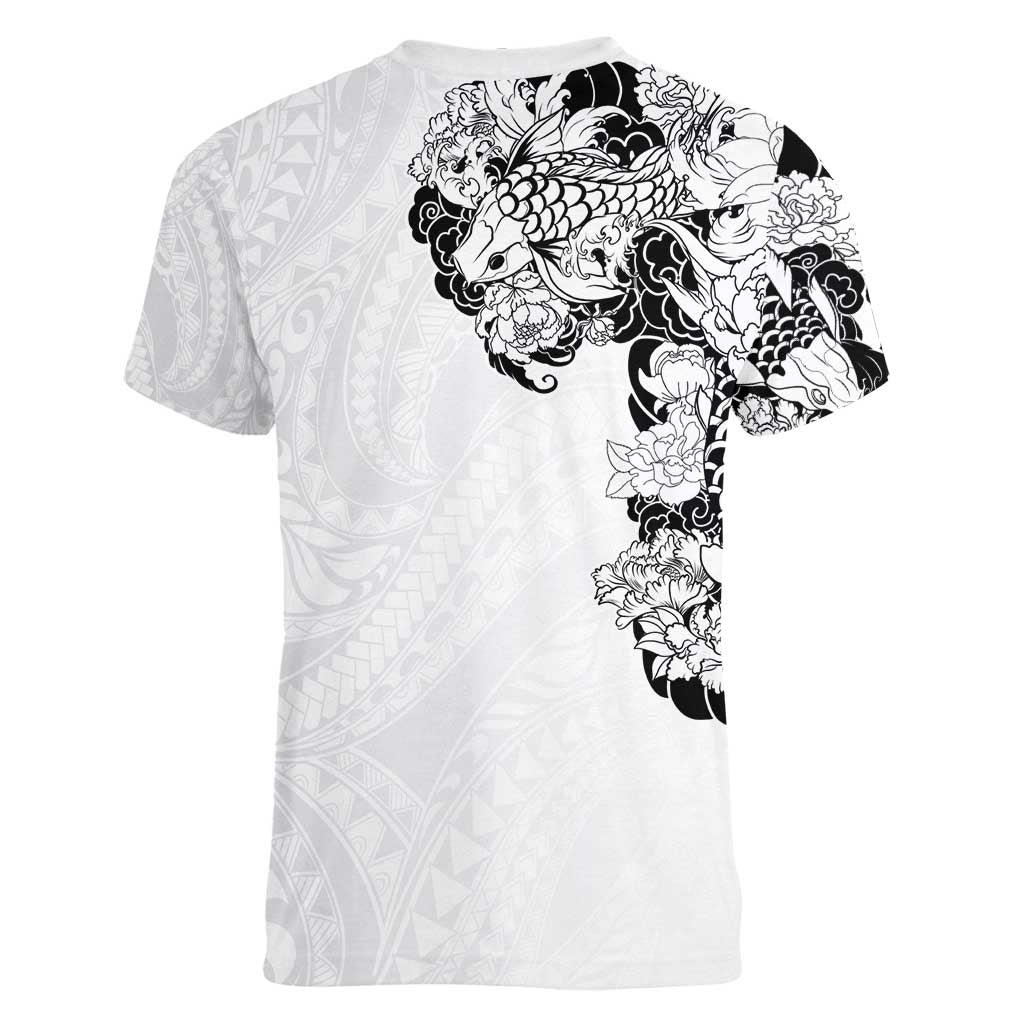 Hawaiian and Japanese Together Women V-Neck T-Shirt Japanese Koi Fish Tattoo and Kakau Pattern White Color
