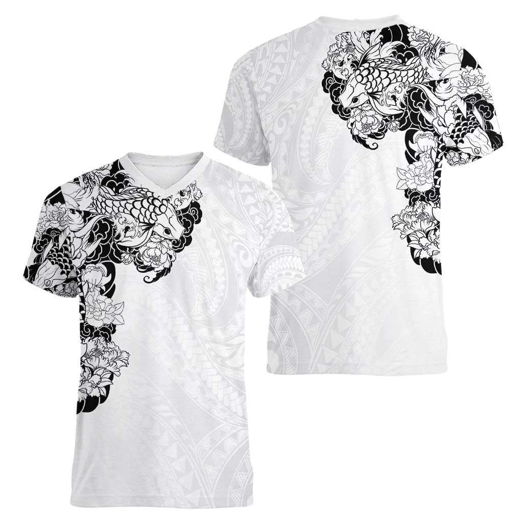 Hawaiian and Japanese Together Women V-Neck T-Shirt Japanese Koi Fish Tattoo and Kakau Pattern White Color