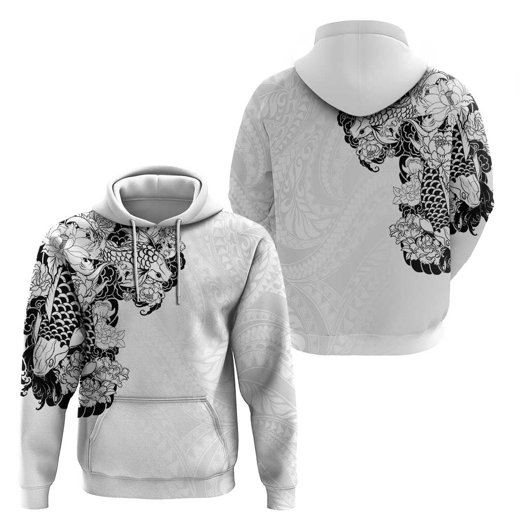 Hawaiian and Japanese Together Zip Hoodie Japanese Koi Fish Tattoo and Kakau Pattern White Color