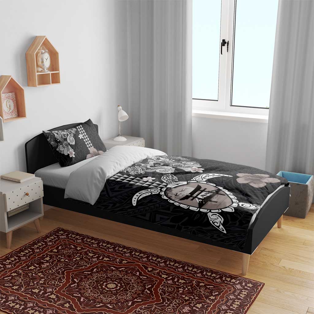 Hawaiian and Japanese Together Bedding Set Japanese Culture and Turtle Kakau Tattoo Black Color