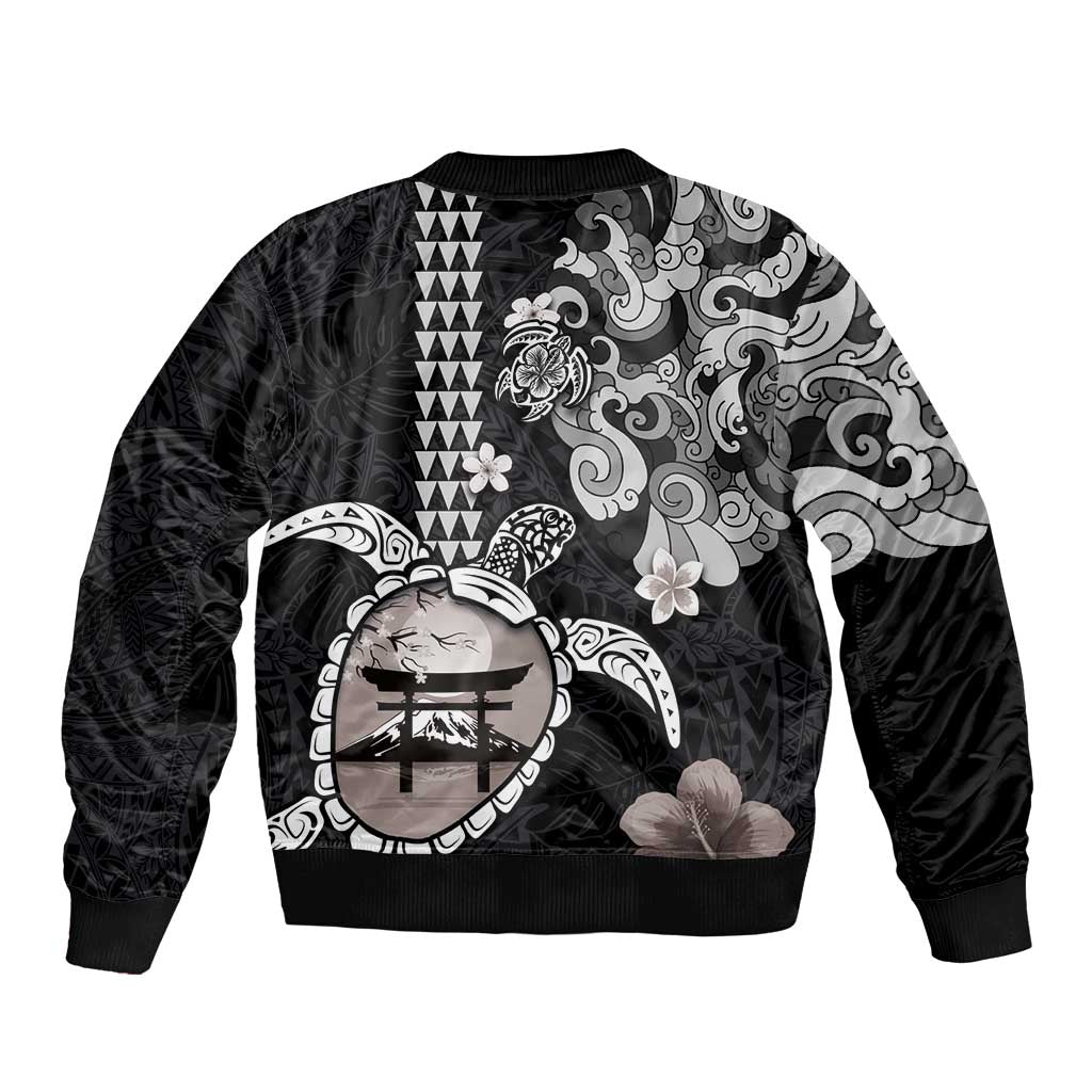 Hawaiian and Japanese Together Bomber Jacket Japanese Culture and Turtle Kakau Tattoo Black Color