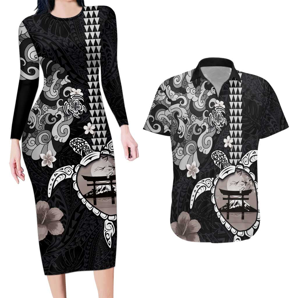 Hawaiian and Japanese Together Couples Matching Long Sleeve Bodycon Dress and Hawaiian Shirt Japanese Culture and Turtle Kakau Tattoo Black Color LT03 Black - Polynesian Pride
