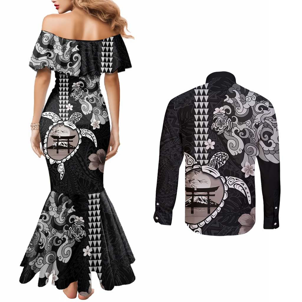 Hawaiian and Japanese Together Couples Matching Mermaid Dress and Long Sleeve Button Shirt Japanese Culture and Turtle Kakau Tattoo Black Color