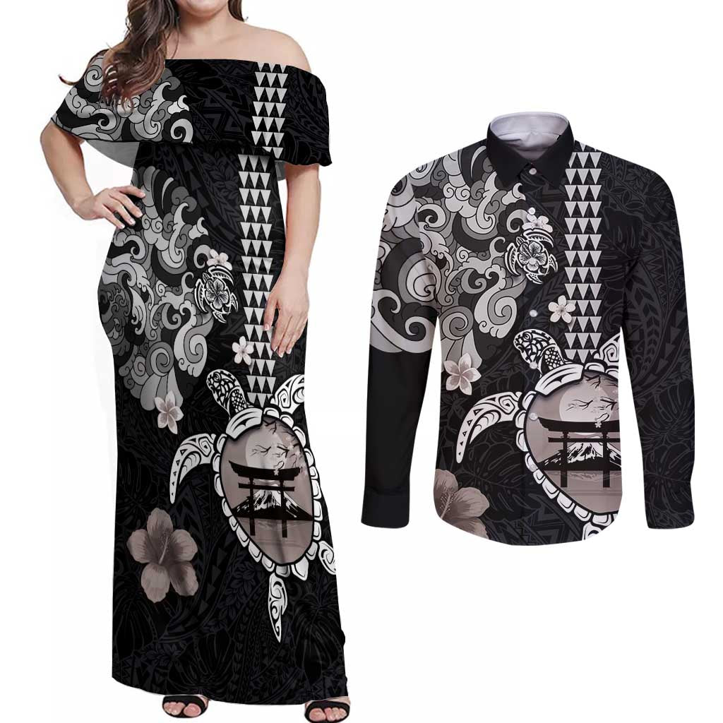 Hawaiian and Japanese Together Couples Matching Off Shoulder Maxi Dress and Long Sleeve Button Shirt Japanese Culture and Turtle Kakau Tattoo Black Color LT03 Black - Polynesian Pride
