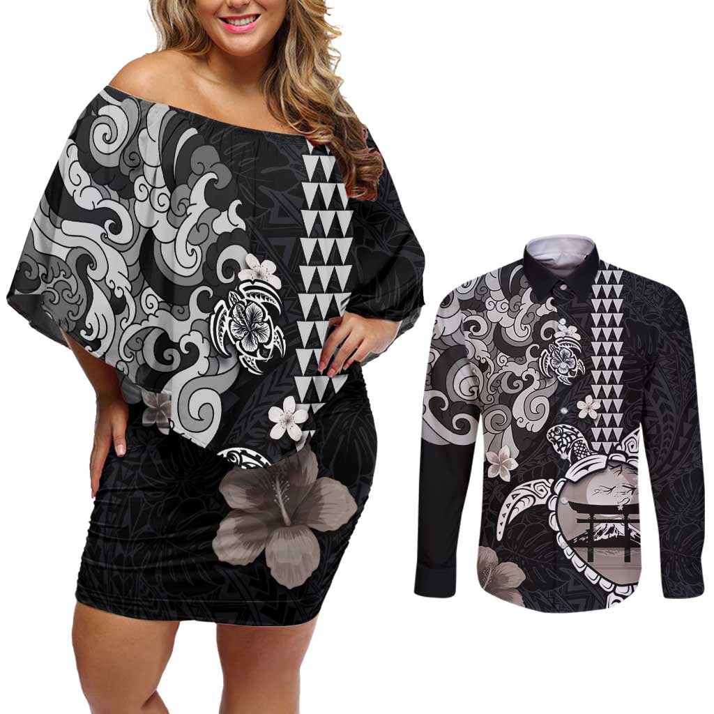 Hawaiian and Japanese Together Couples Matching Off Shoulder Short Dress and Long Sleeve Button Shirt Japanese Culture and Turtle Kakau Tattoo Black Color LT03 Black - Polynesian Pride