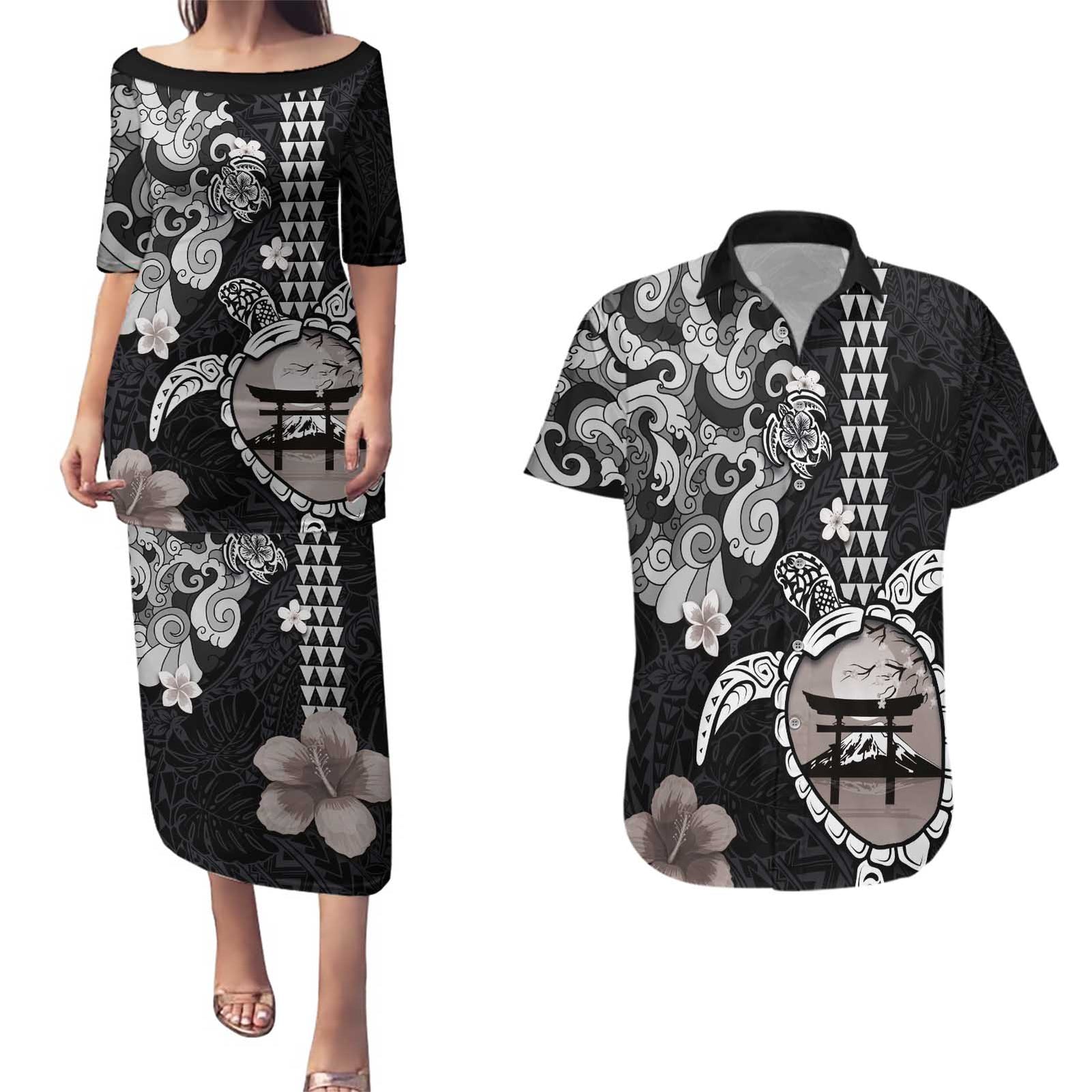 Hawaiian and Japanese Together Couples Matching Puletasi and Hawaiian Shirt Japanese Culture and Turtle Kakau Tattoo Black Color LT03 Black - Polynesian Pride