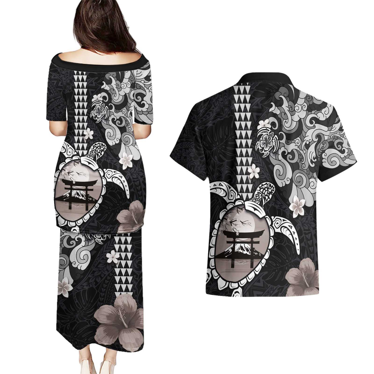 Hawaiian and Japanese Together Couples Matching Puletasi and Hawaiian Shirt Japanese Culture and Turtle Kakau Tattoo Black Color