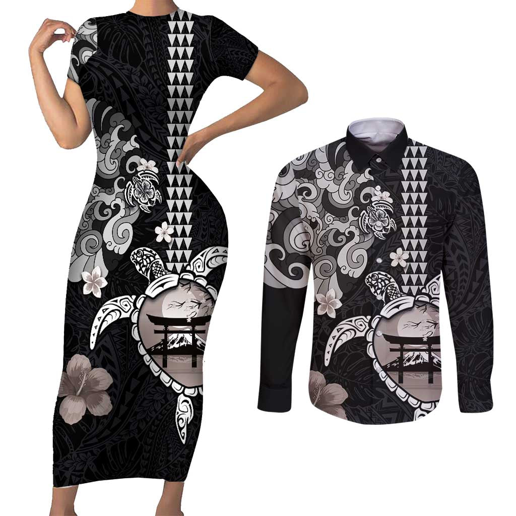 Hawaiian and Japanese Together Couples Matching Short Sleeve Bodycon Dress and Long Sleeve Button Shirt Japanese Culture and Turtle Kakau Tattoo Black Color LT03 Black - Polynesian Pride