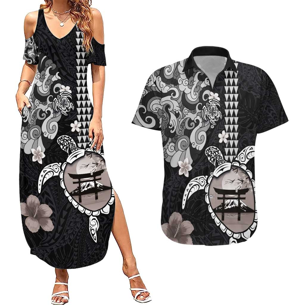 Hawaiian and Japanese Together Couples Matching Summer Maxi Dress and Hawaiian Shirt Japanese Culture and Turtle Kakau Tattoo Black Color LT03 Black - Polynesian Pride
