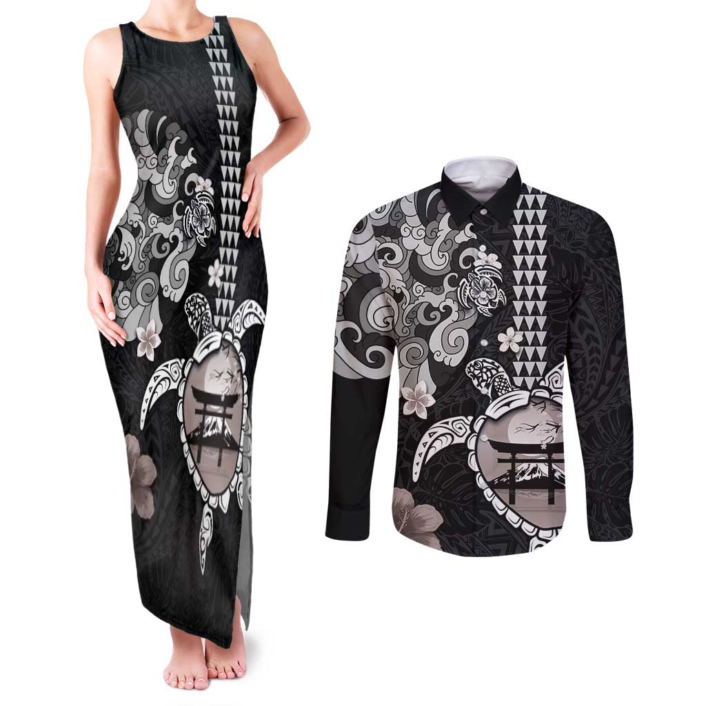 Hawaiian and Japanese Together Couples Matching Tank Maxi Dress and Long Sleeve Button Shirt Japanese Culture and Turtle Kakau Tattoo Black Color LT03 Black - Polynesian Pride