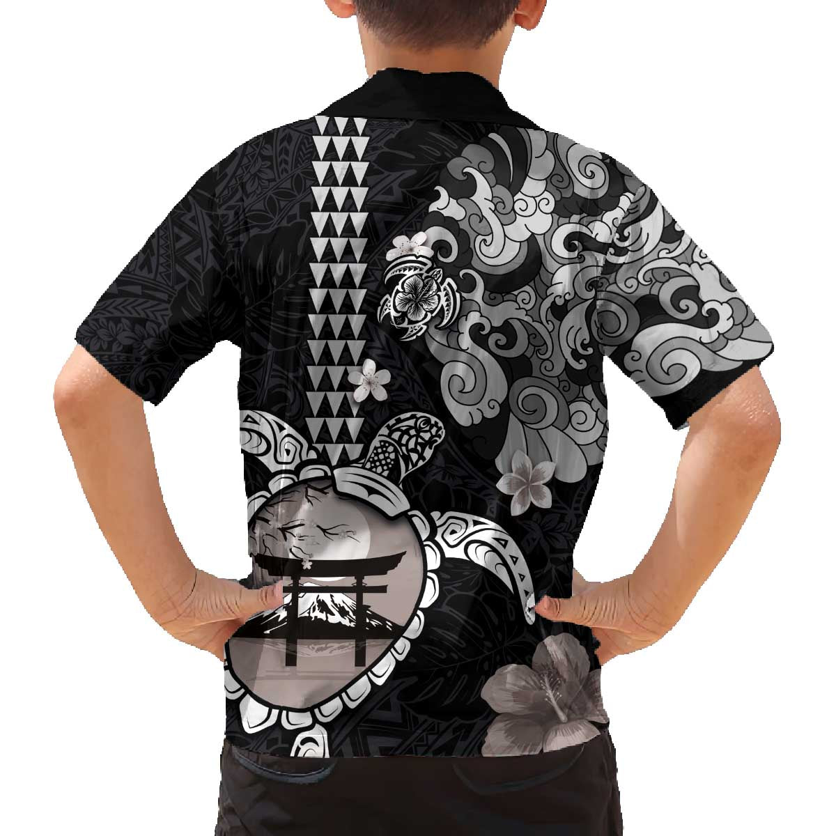 Hawaiian and Japanese Together Family Matching Puletasi and Hawaiian Shirt Japanese Culture and Turtle Kakau Tattoo Black Color