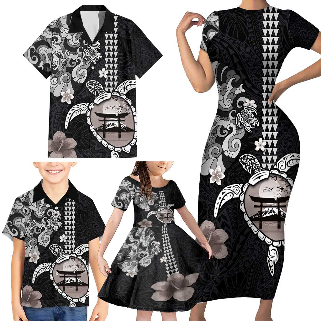 Hawaiian and Japanese Together Family Matching Short Sleeve Bodycon Dress and Hawaiian Shirt Japanese Culture and Turtle Kakau Tattoo Black Color