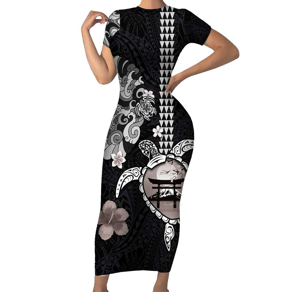 Hawaiian and Japanese Together Family Matching Short Sleeve Bodycon Dress and Hawaiian Shirt Japanese Culture and Turtle Kakau Tattoo Black Color