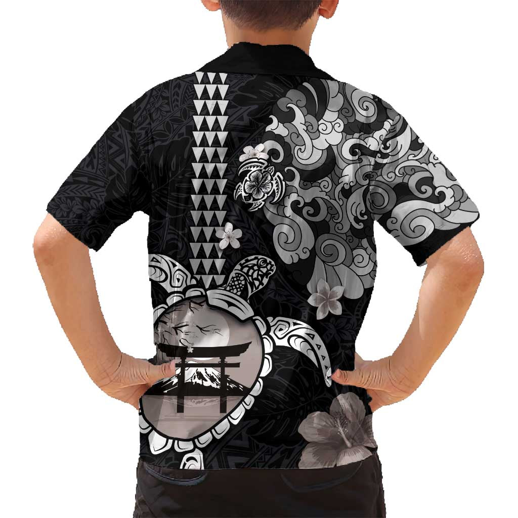 Hawaiian and Japanese Together Family Matching Summer Maxi Dress and Hawaiian Shirt Japanese Culture and Turtle Kakau Tattoo Black Color