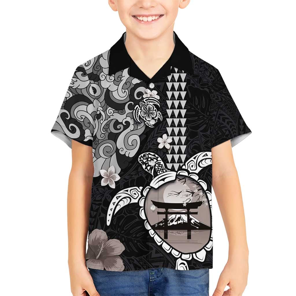 Hawaiian and Japanese Together Family Matching Summer Maxi Dress and Hawaiian Shirt Japanese Culture and Turtle Kakau Tattoo Black Color